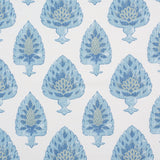 Detail of fabric in a botanical damask print in shades of green and blue on a cream field.