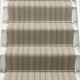 Striped flatweave runner in tan and blue on white staircase