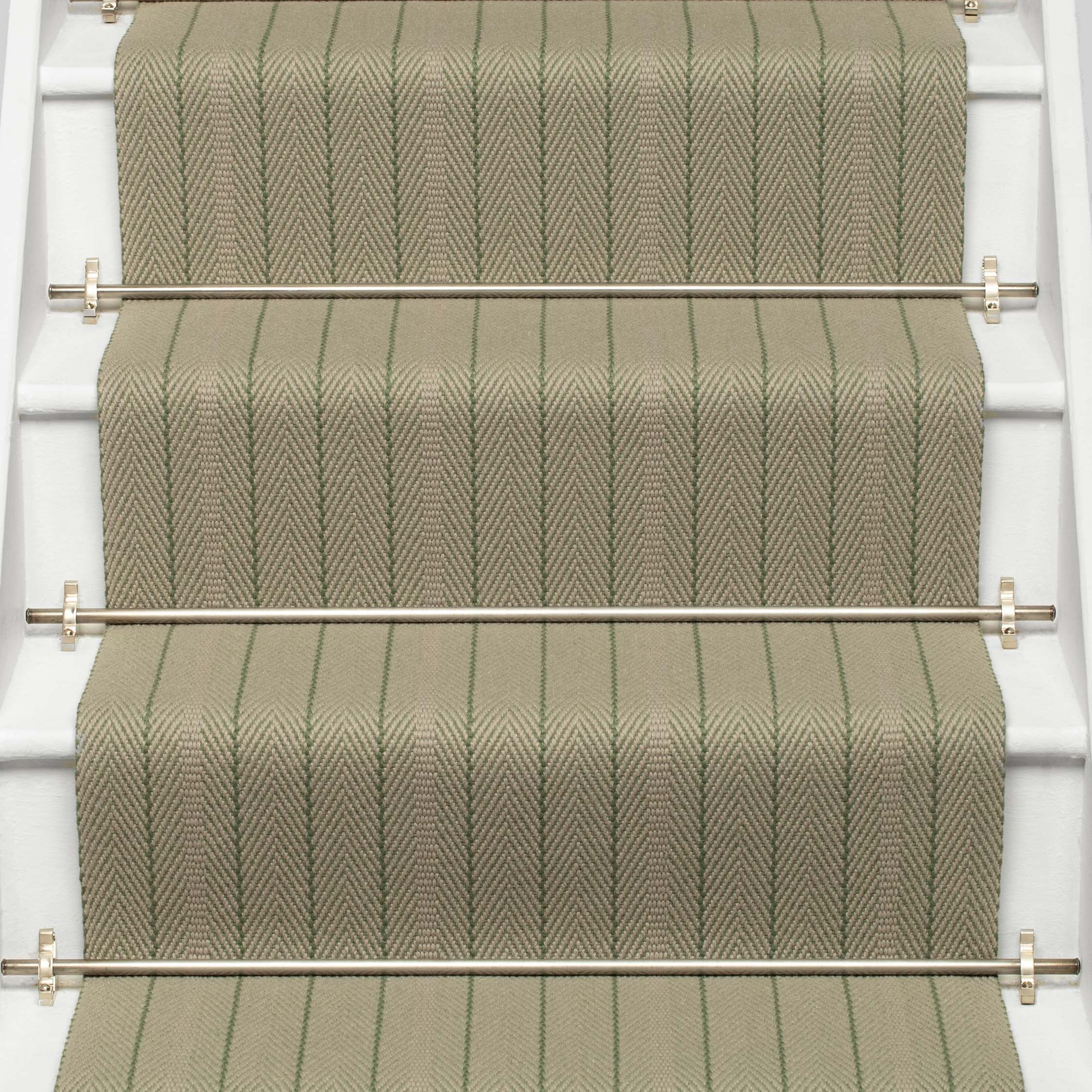 Striped flatweave runner in sage on white staircase