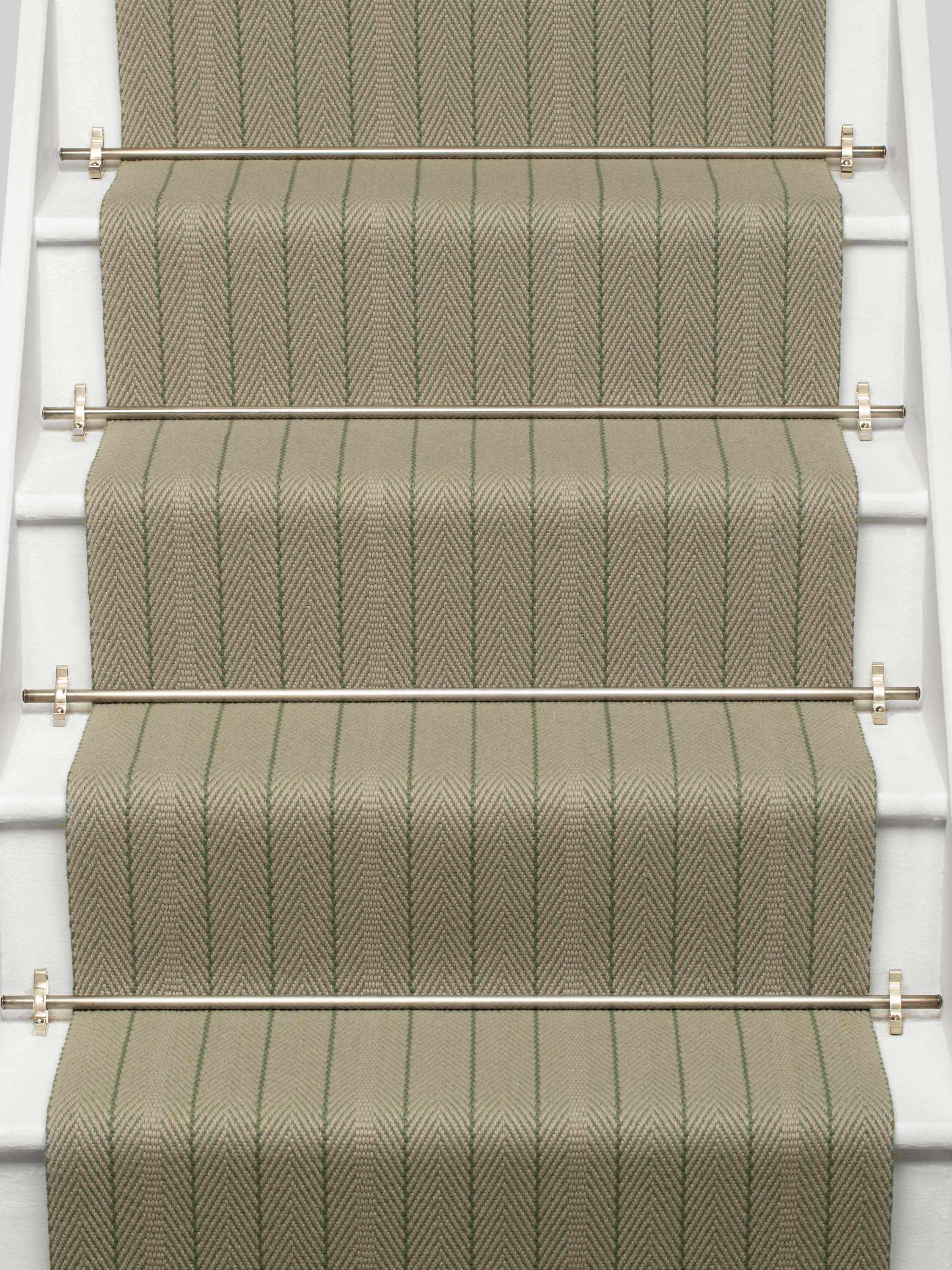 Striped flatweave runner in sage on white staircase