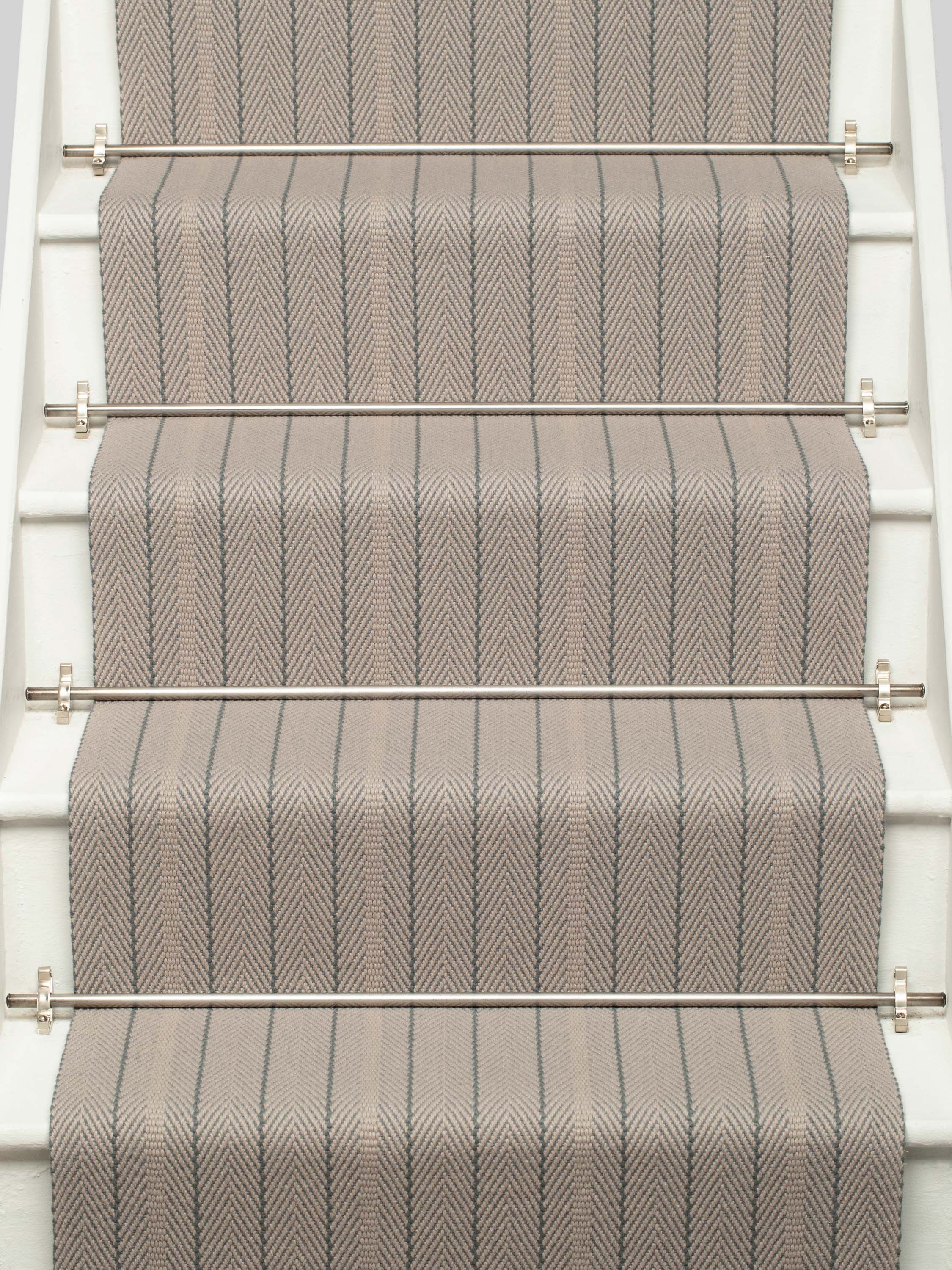 Striped flatweave runner in light grey on white staircase