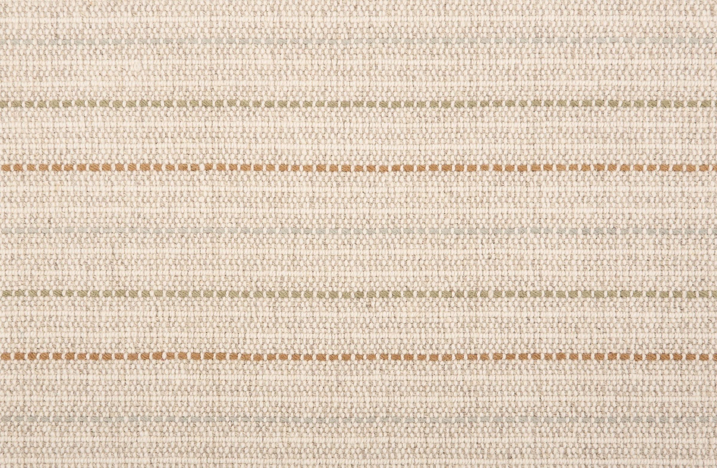 Broadloom carpet with a cream field and widely spaced dashed stripes in shades of  tan, grey, brown and green.