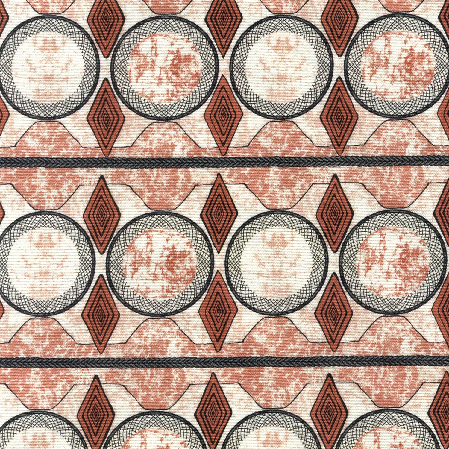Detail of fabric in an intricate geometric stripe in shades of rust, gray and cream.