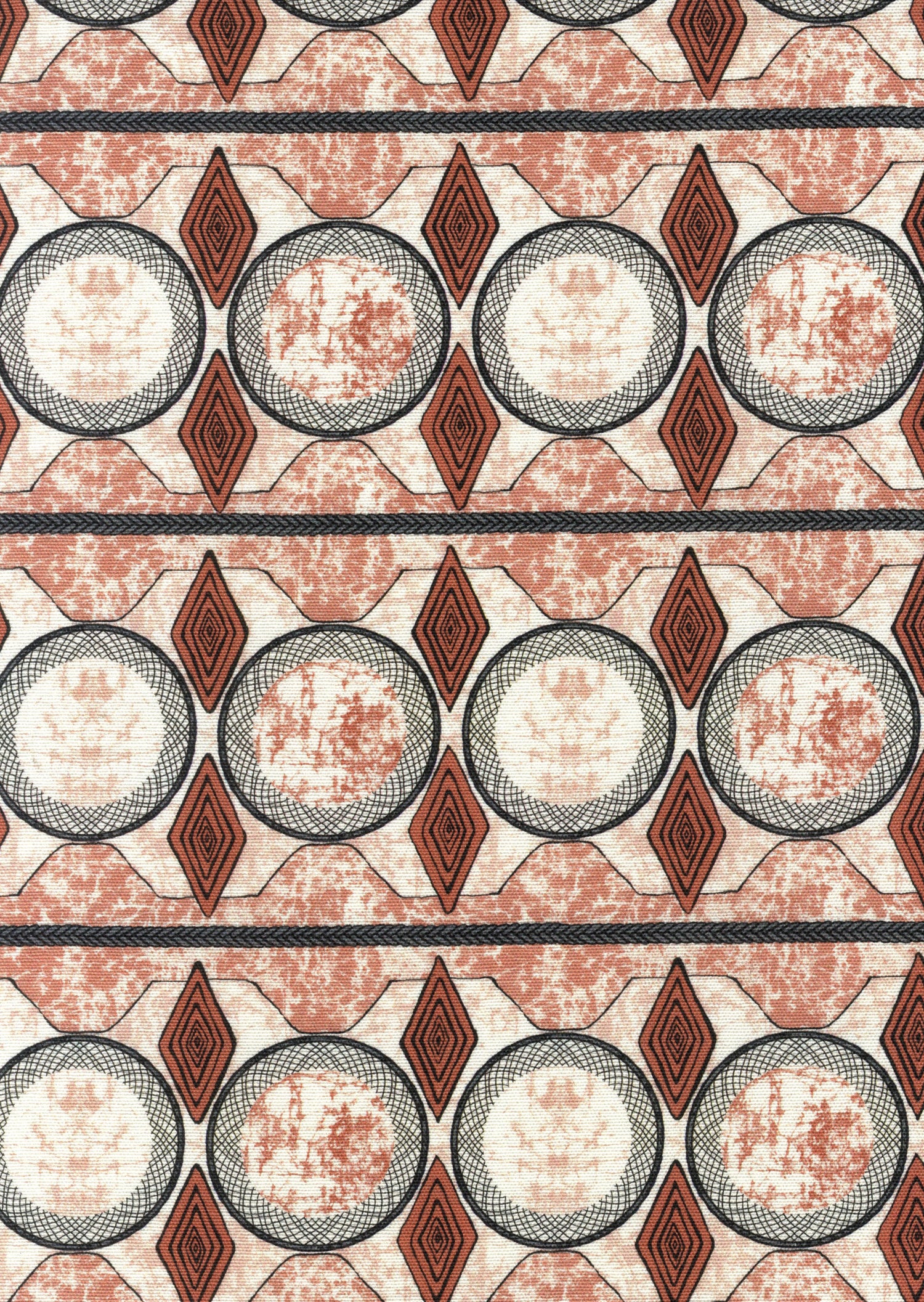 Detail of fabric in an intricate geometric stripe in shades of rust, gray and cream.