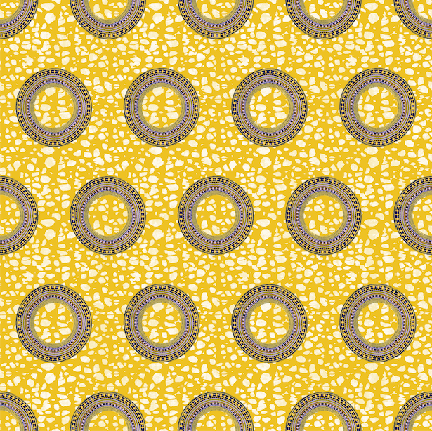 Detail of wallpaper in an intricate circular print in shades of yellow, purple and gray.