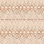 Detail of wallpaper in a painterly ikat print in shades of tan and orange on a white field.