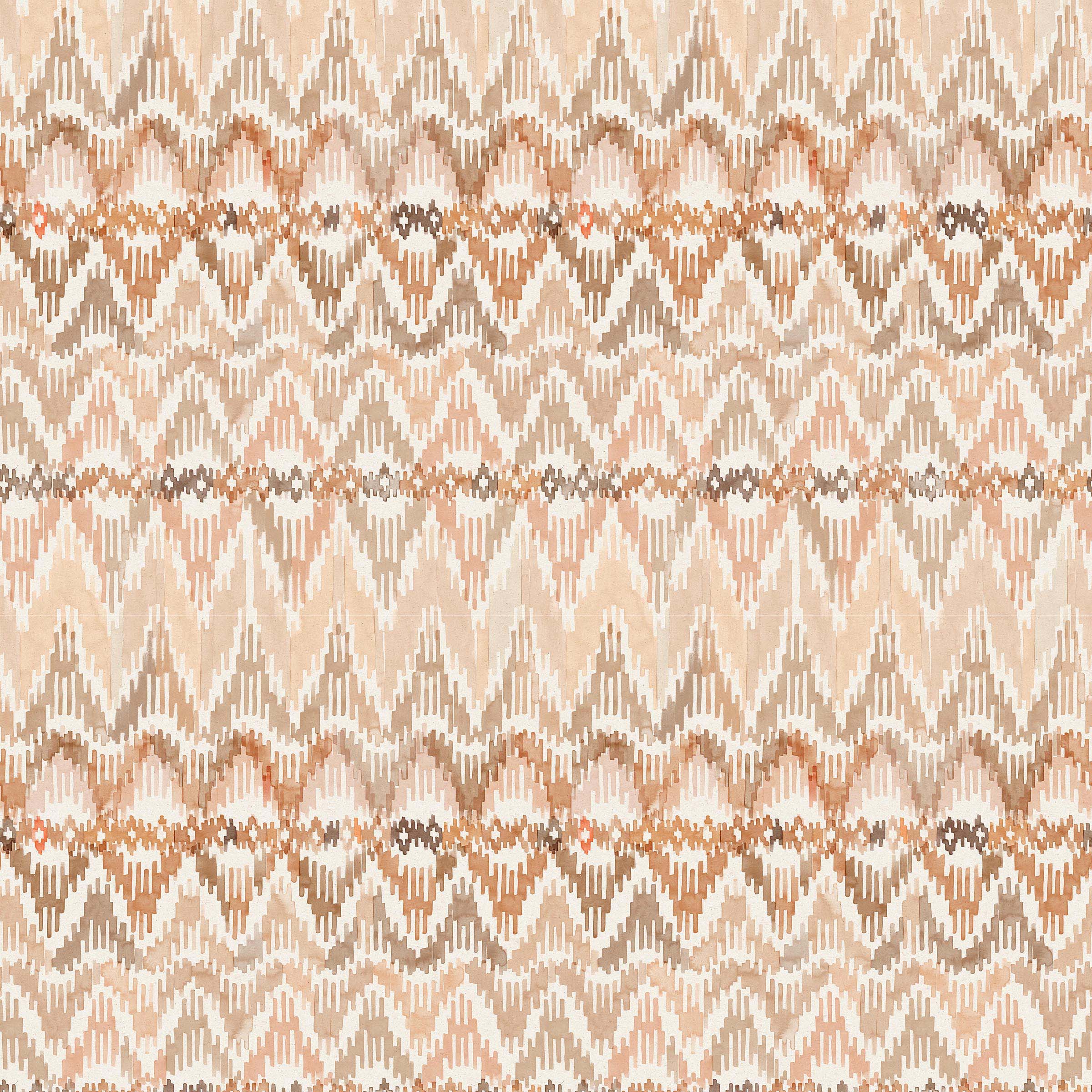 Detail of wallpaper in a painterly ikat print in shades of tan and orange on a white field.