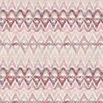 Detail of fabric in a painterly ikat print in shades of purple and pink on a white field.