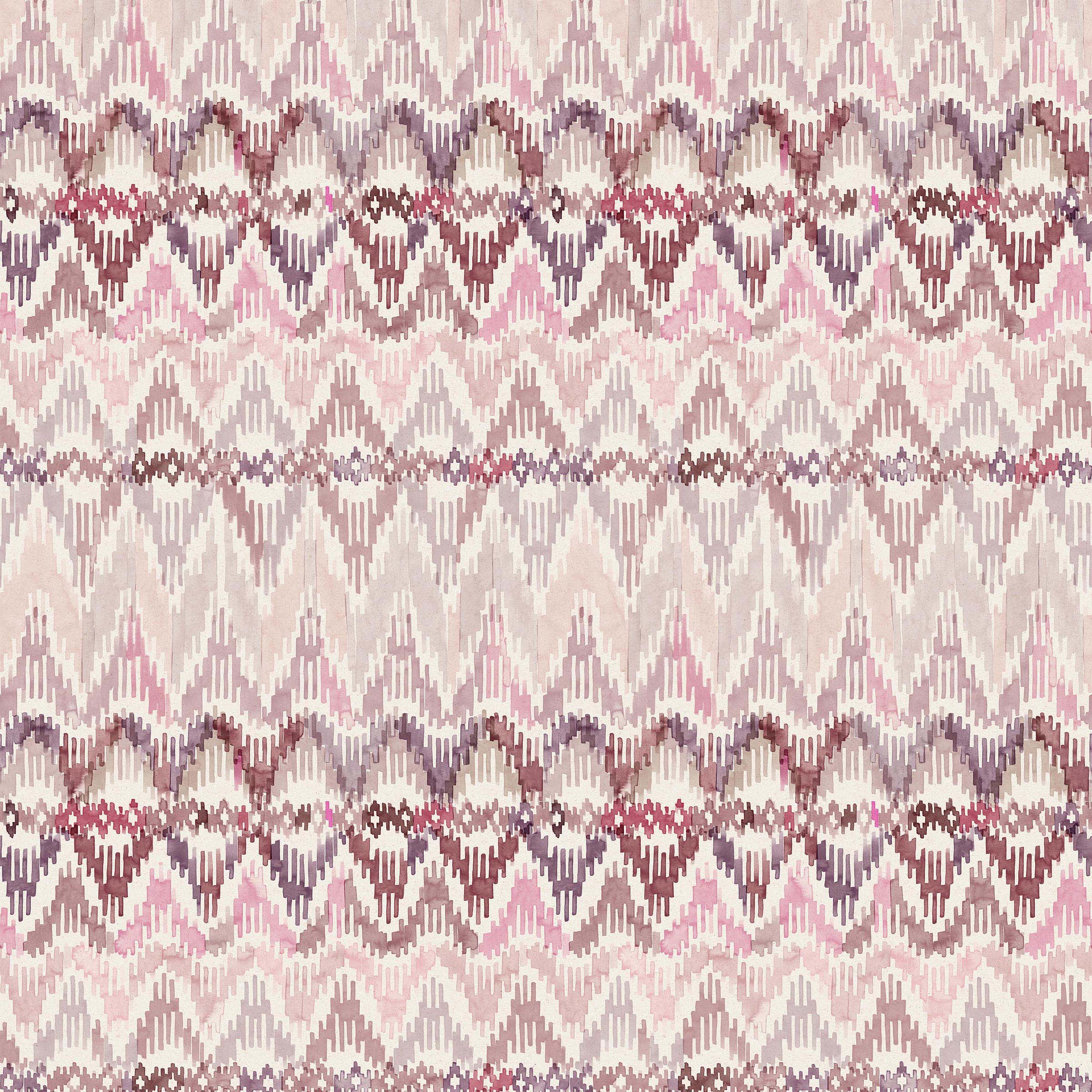 Detail of fabric in a painterly ikat print in shades of purple and pink on a white field.