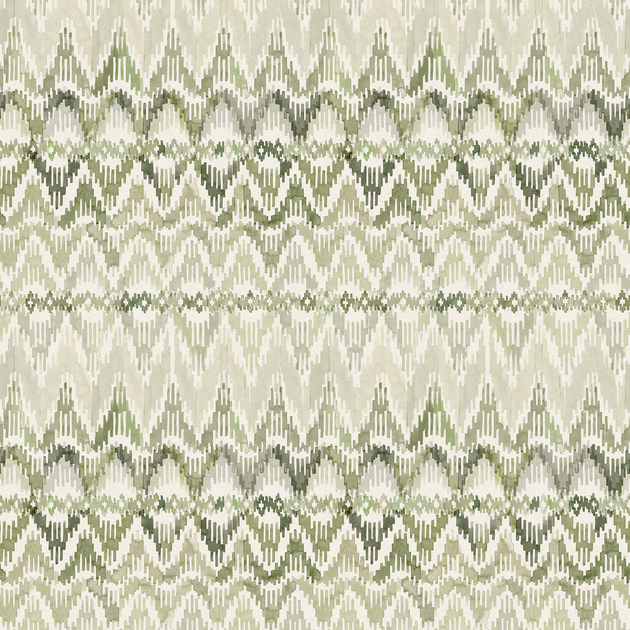 Detail of fabric in a painterly ikat print in shades of green on a white field.