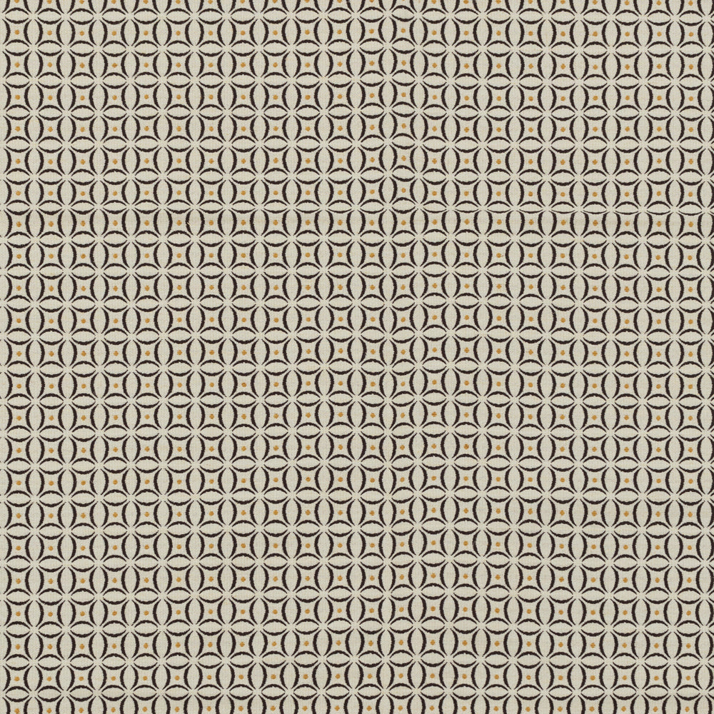 Woven fabric in a geometric grid print in yellow and brown on a cream field.