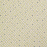 Detail of woven fabric in a geometric grid print in yellow and blue on a tan field.