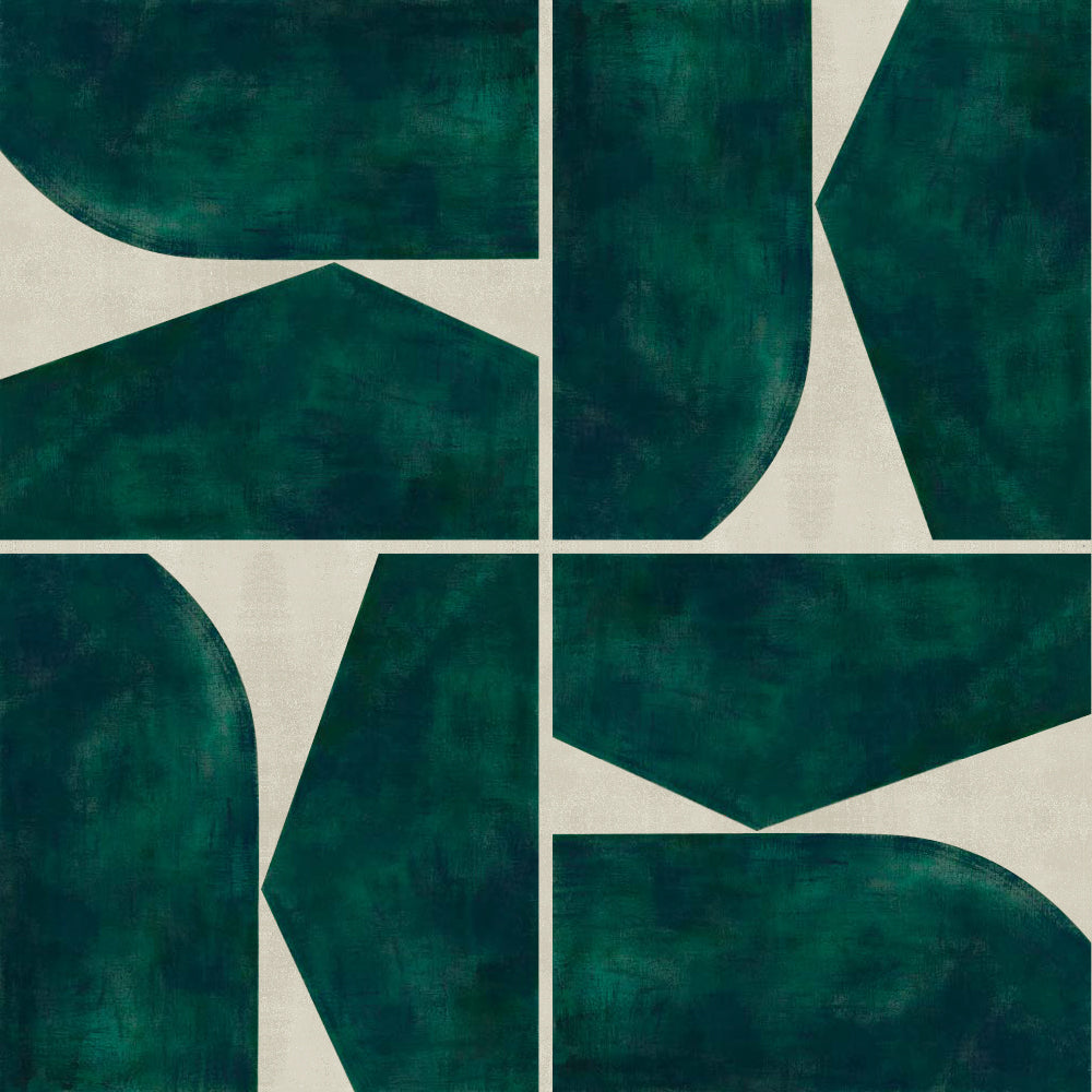 Detail of wallpaper in a geometric grid print in dark green on a mottled cream field.