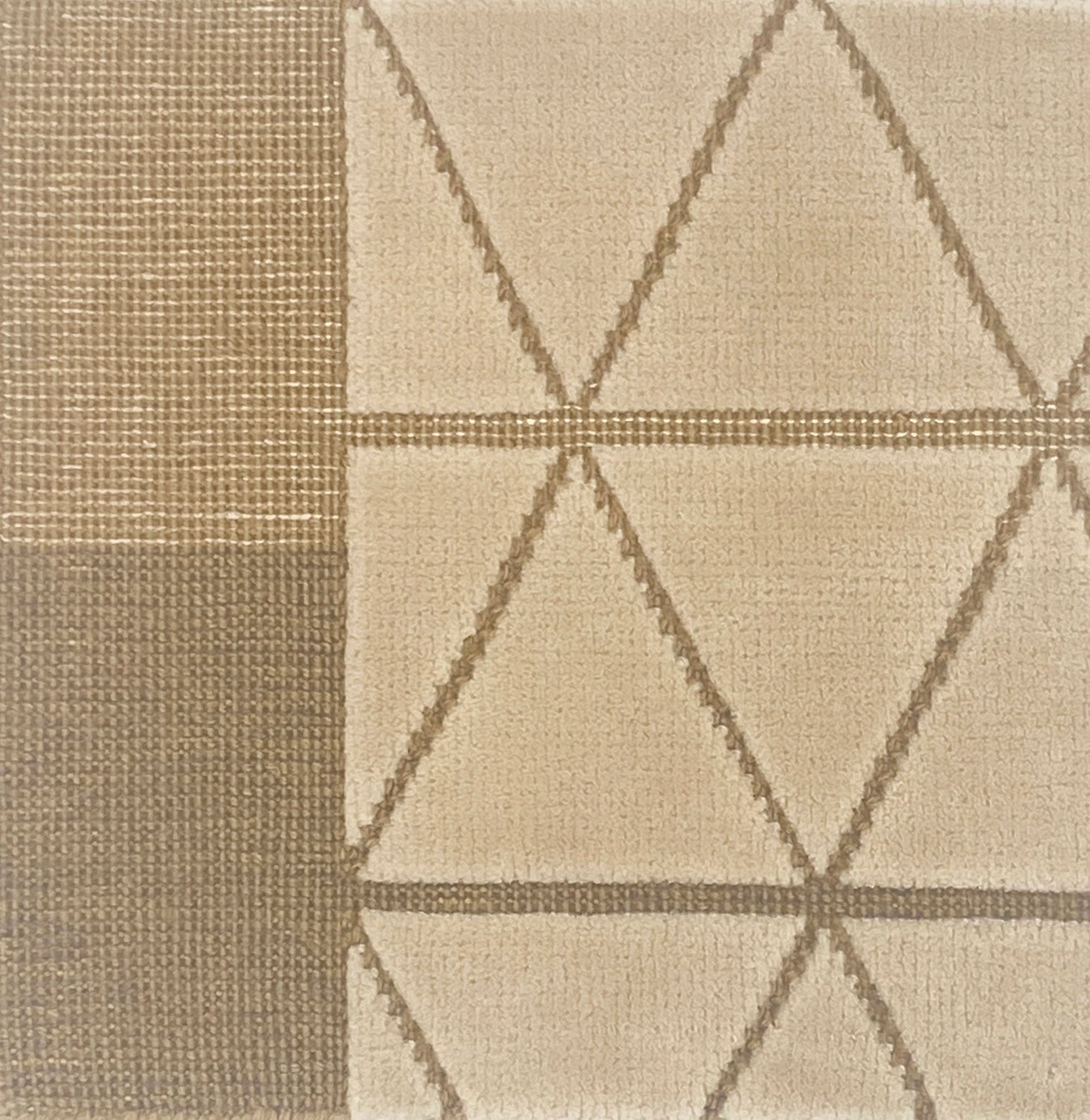 Handknotted rug with geometric pattern in beige and brown tones