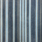 Detail of wallpaper in an irregular stripe print in shades of blue, gold and navy.