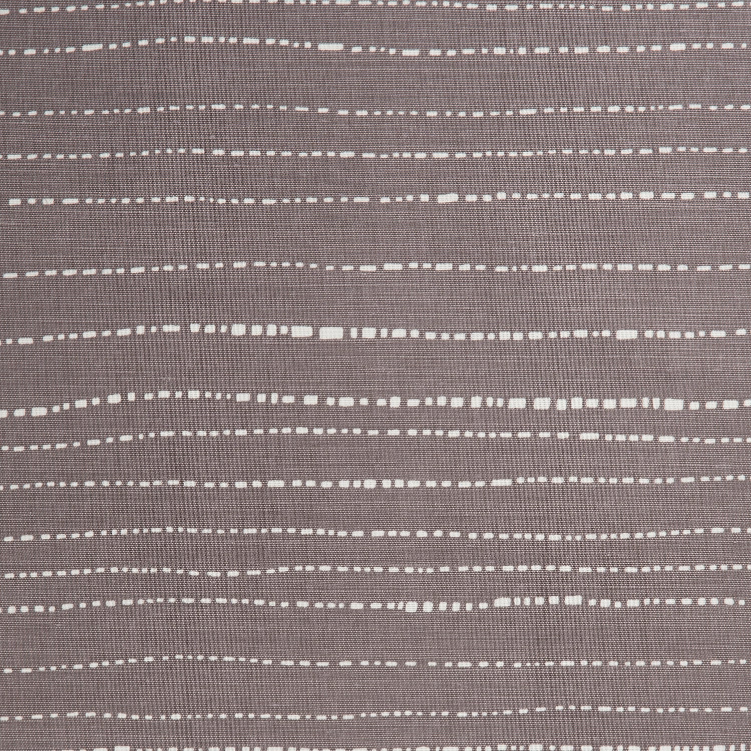 Detail of cotton fabric in a broken stripe pattern in cream on a dark mauve field.