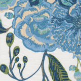 Detail of fabric in a floral print in shades of blue, tan and green on a white field.