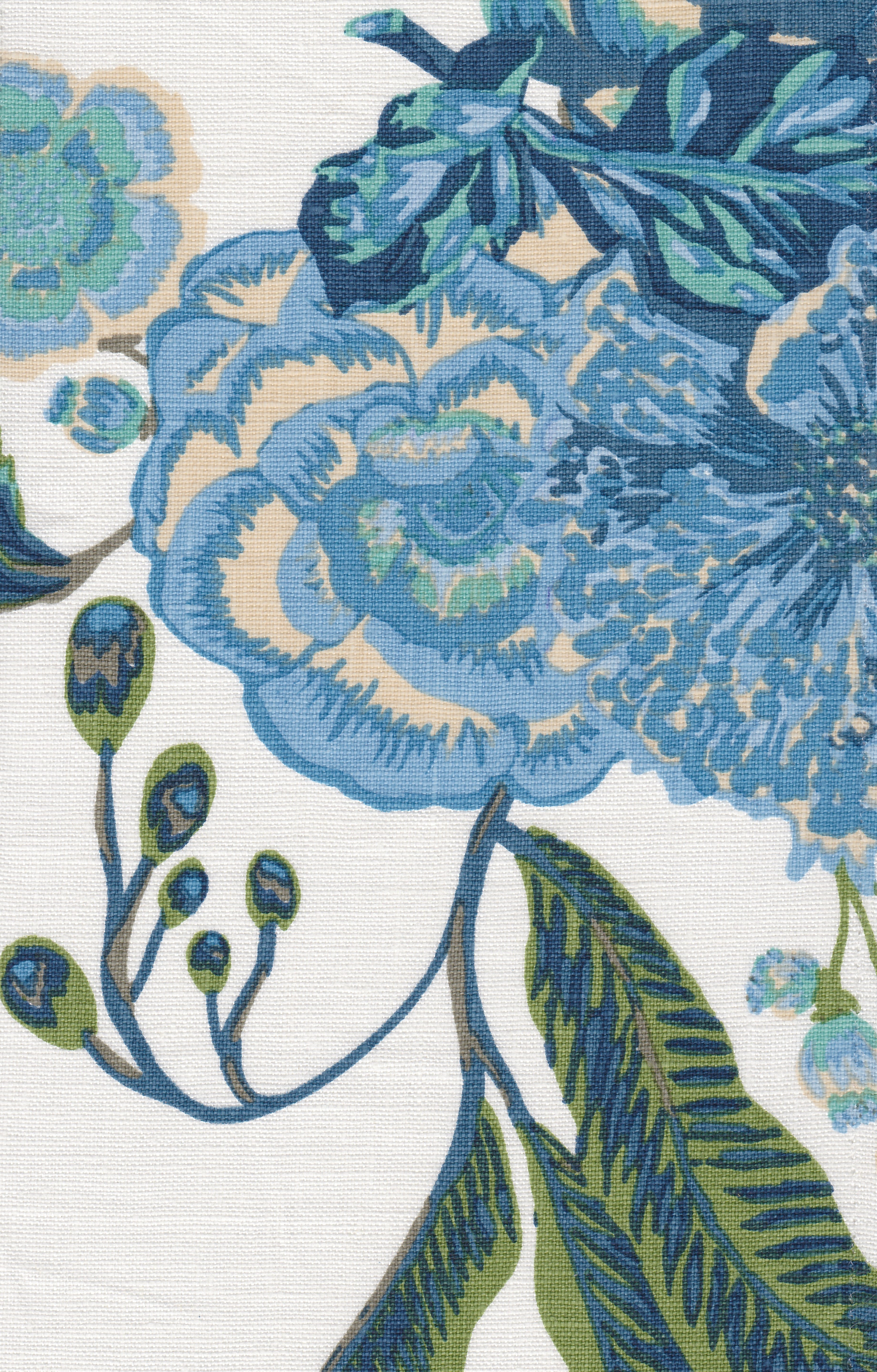 Detail of fabric in a floral print in shades of blue, tan and green on a white field.