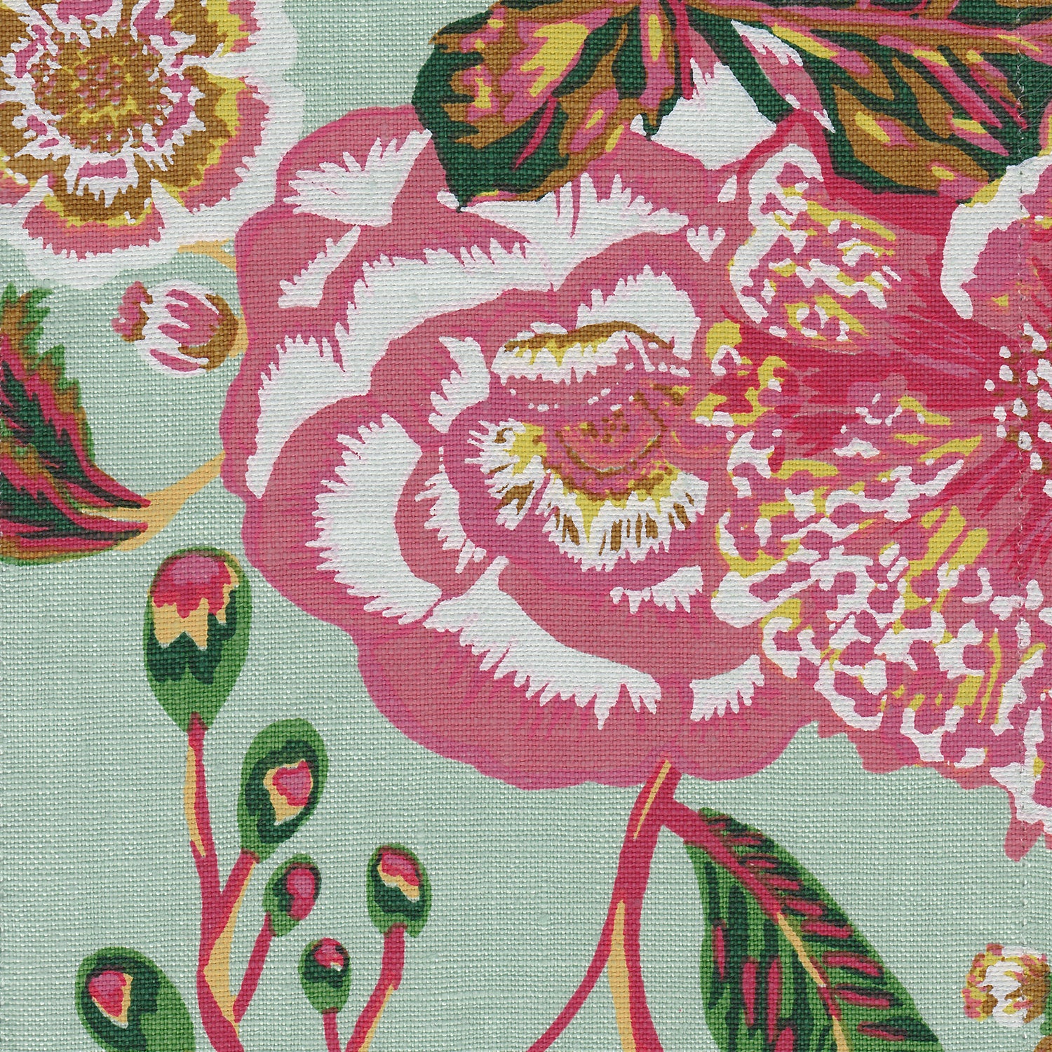 Detail of fabric in a floral print in shades of red, pink and green on a turquoise field.