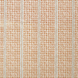 Detail of fabric in a dense repeating stripe and star print in burnt orange on a cream field.