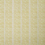 Detail of fabric in a dense repeating stripe and star print in mustard on a cream field.