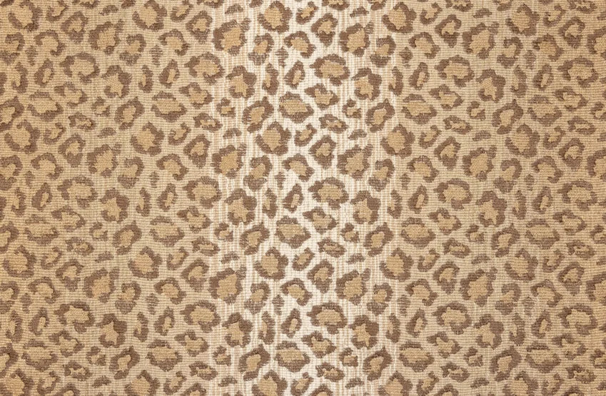 Broadloom carpet swatch in a leopard skin pattern, in tan brown bronze