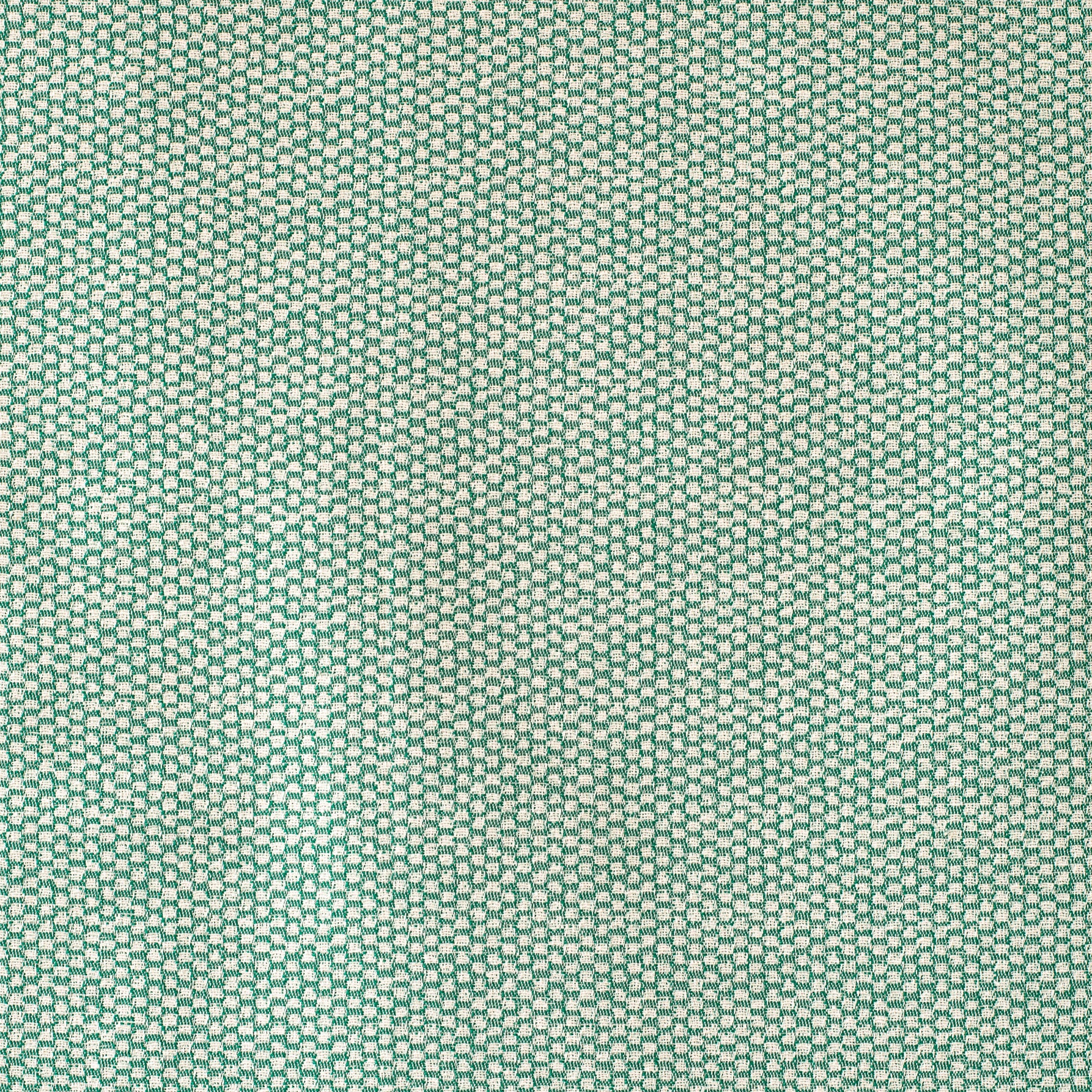 Detail of fabric in a dense checked weave in green and white.