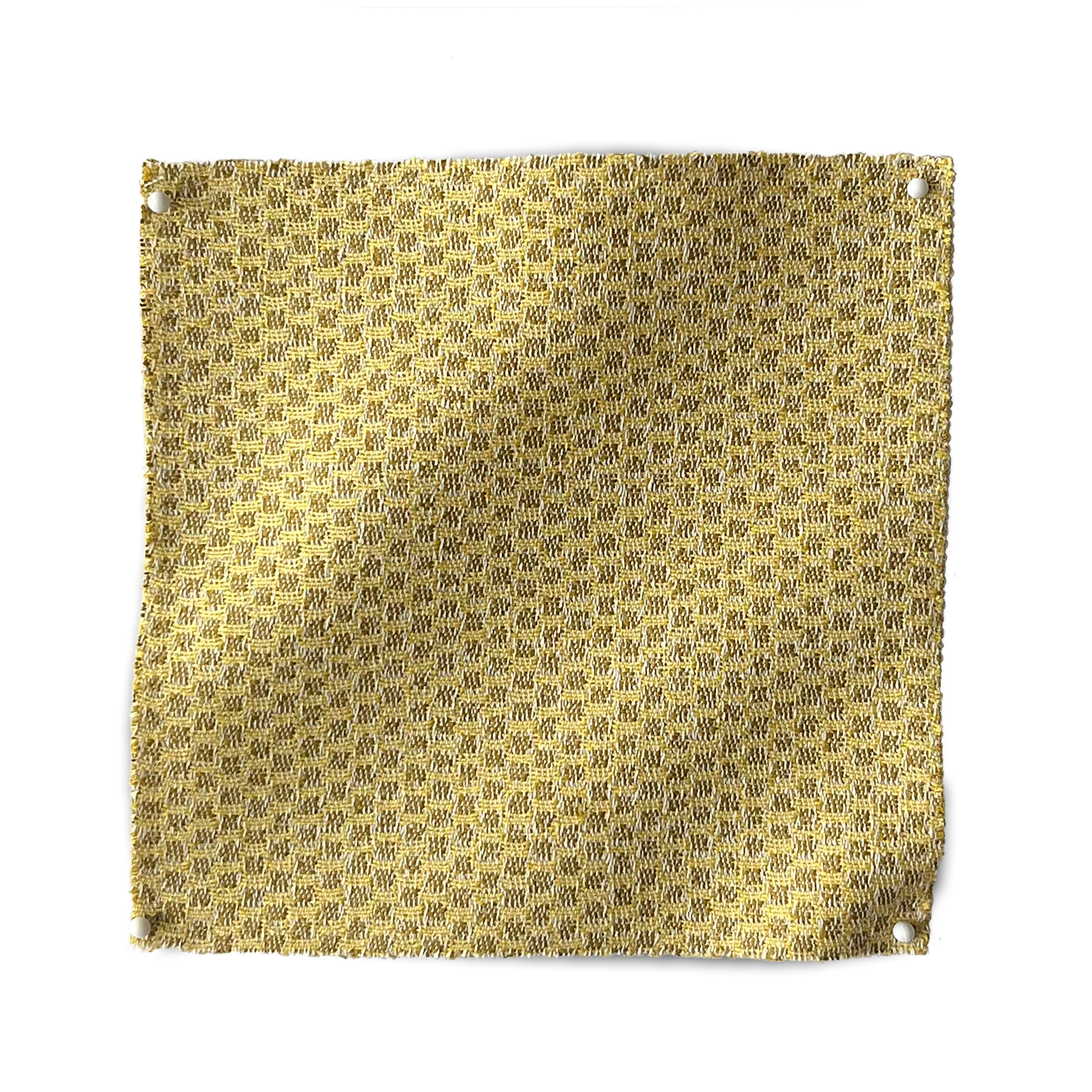 Detail of the reverse side of fabric in a dense checked weave in gold and tan.