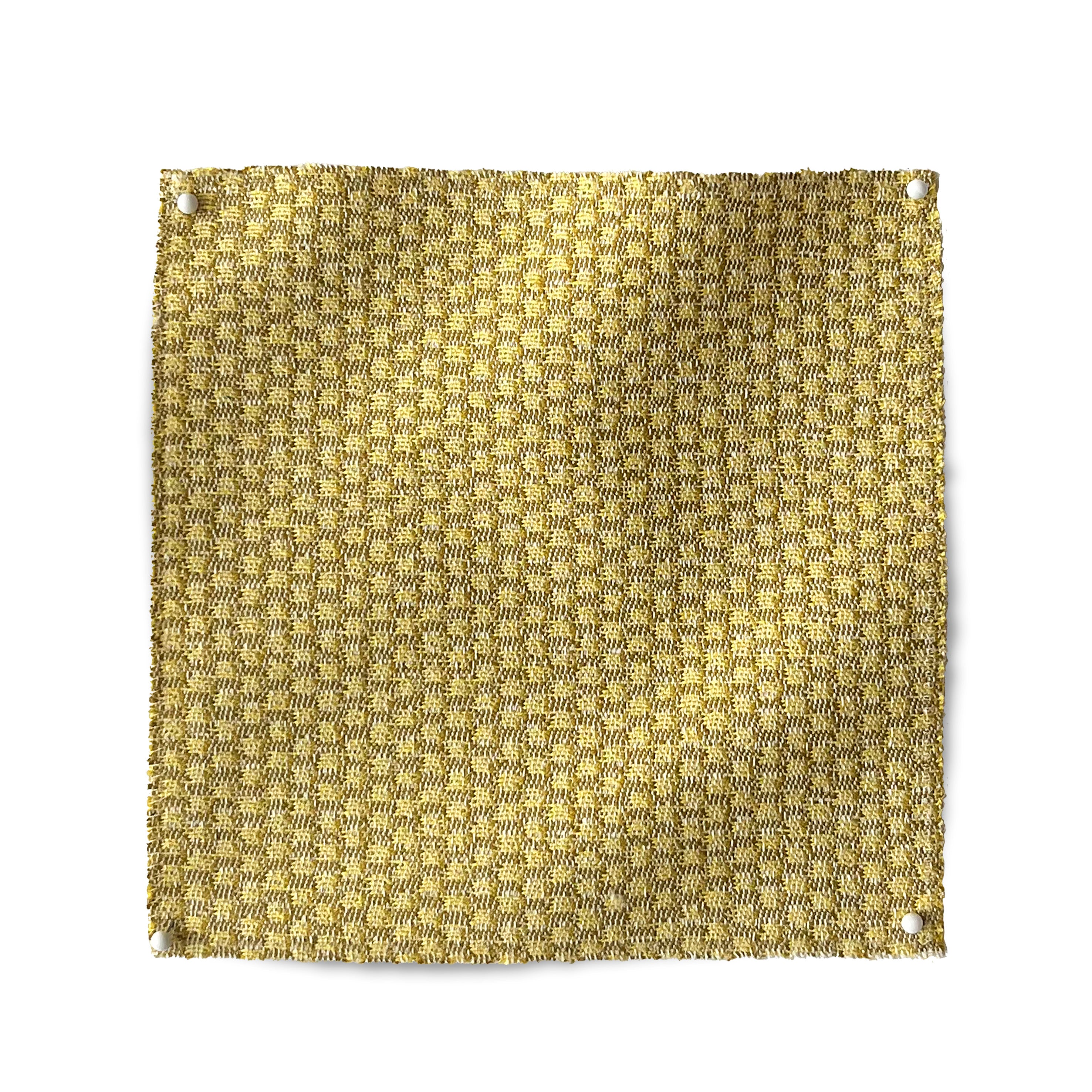 Square fabric swatch showing the reverse side of a dense checked weave in gold and tan.