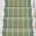 Diamond flatweave runner design in green on white stairs