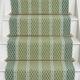 Diamond flatweave runner design in green on white stairs