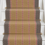 Diamond flatweave runner design in tan and red on white stairs