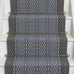 Diamond flatweave runner design in blue taupe on white stairs