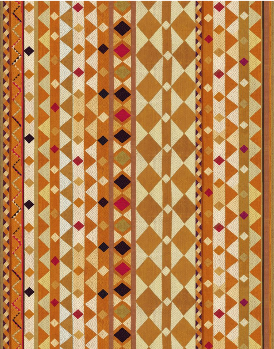 Detail of fabric in a global geometric print in shades of orange, yellow, brown and red.