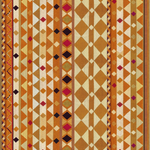 Detail of fabric in a global geometric print in shades of orange, yellow, brown and red.