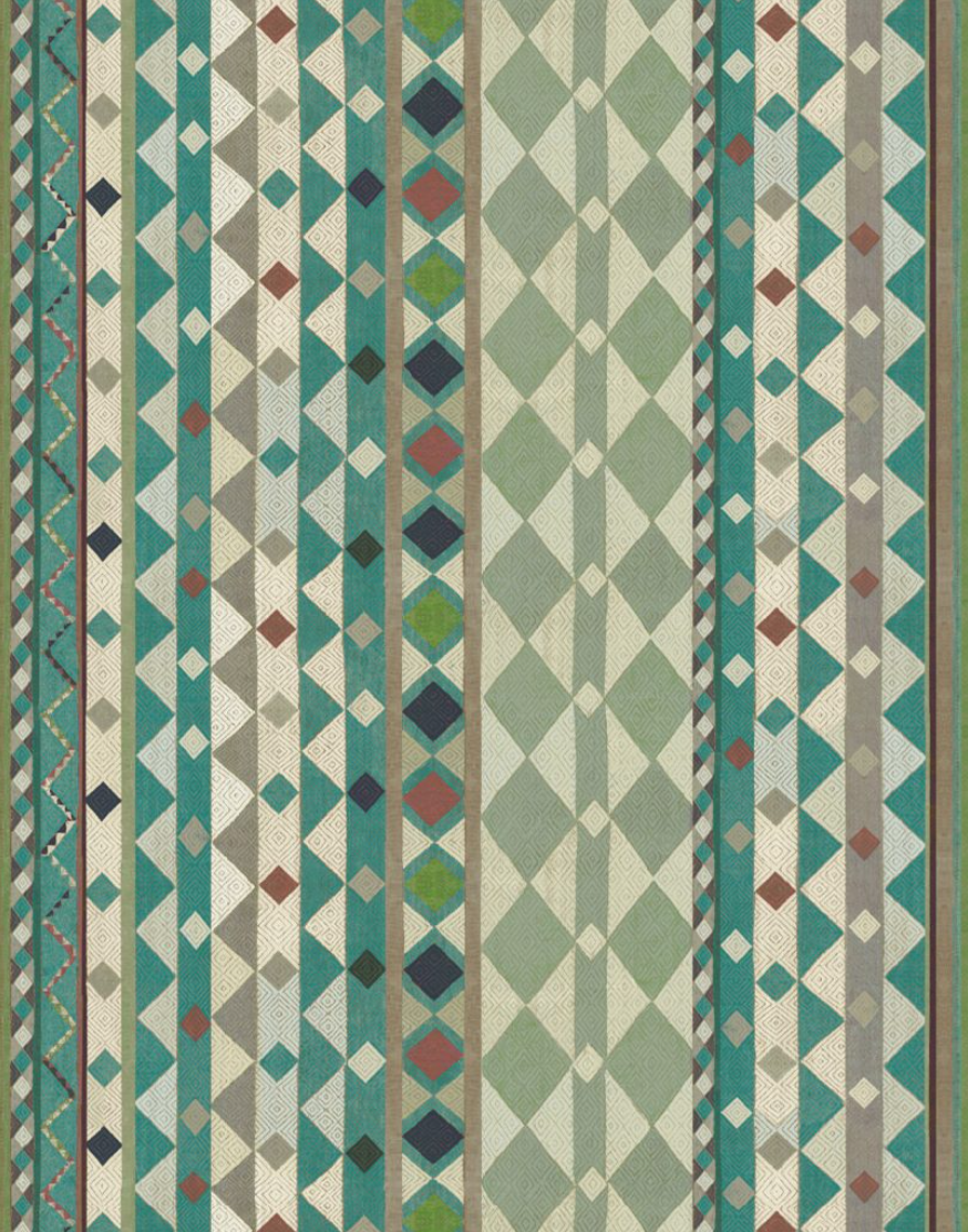 Detail of fabric in a global geometric print in shades of turquoise, green, brown and cream.