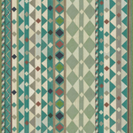 Detail of fabric in a global geometric print in shades of turquoise, green, brown and cream.