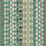 Detail of fabric in a global geometric print in shades of turquoise, green, brown and cream.