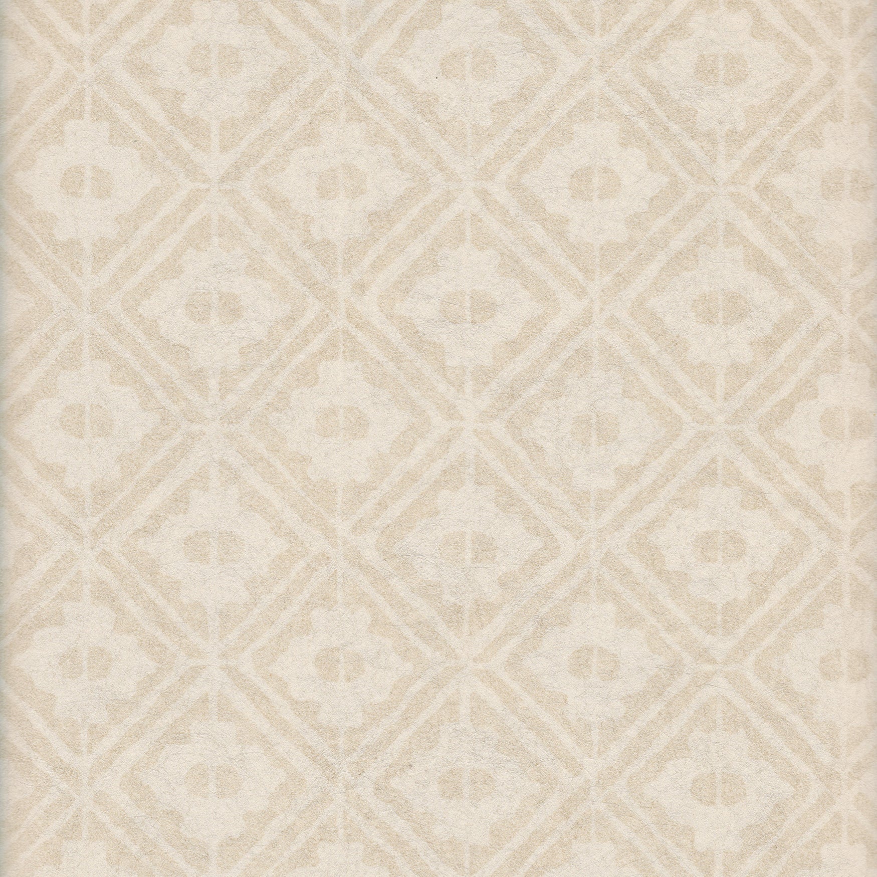 Detail of wallpaper in a geometric lattice print in shades of cream.