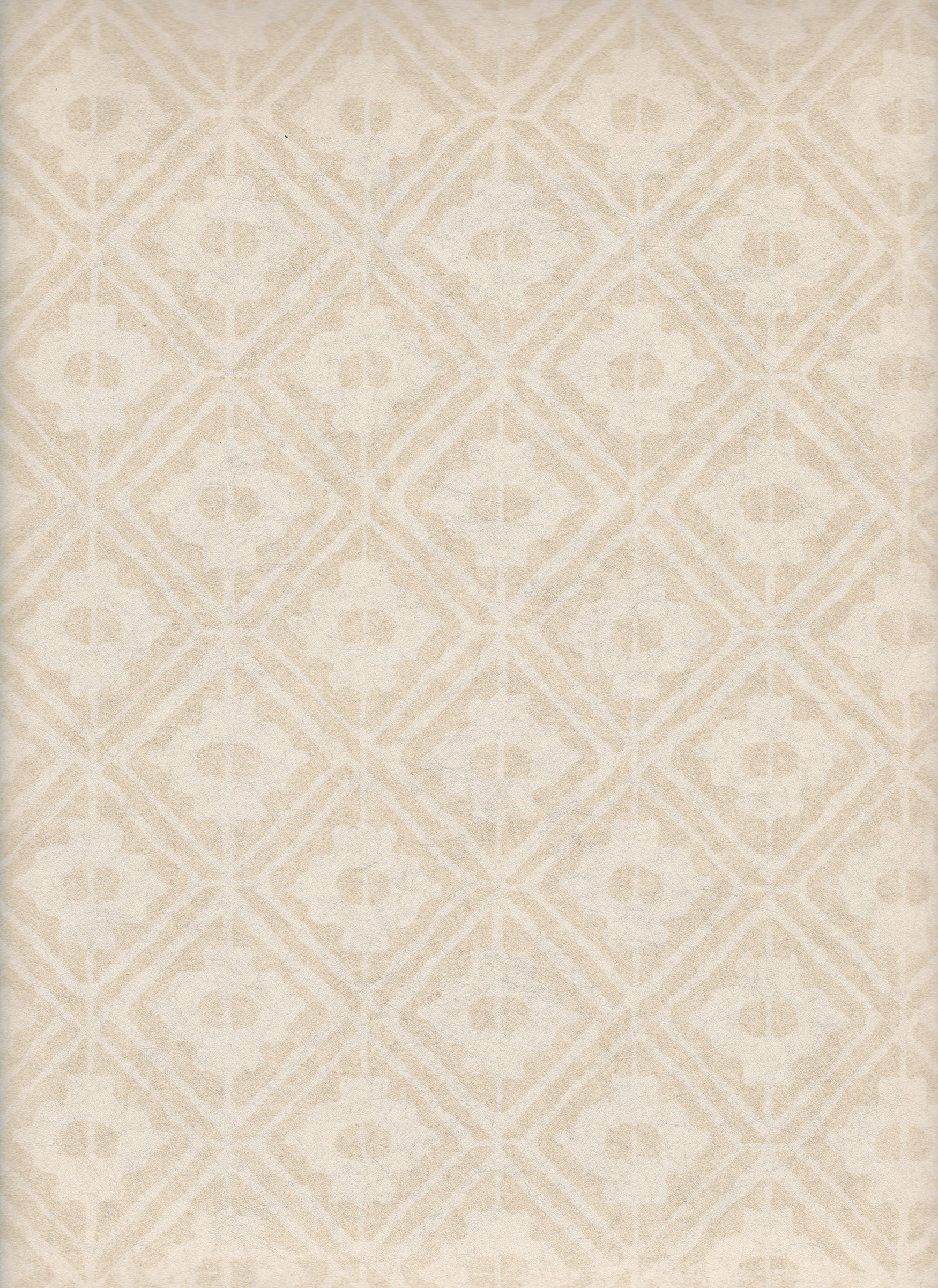 Detail of wallpaper in a geometric lattice print in shades of cream.