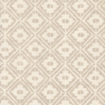 Detail of wallpaper in a geometric lattice print in tan on a cream field.