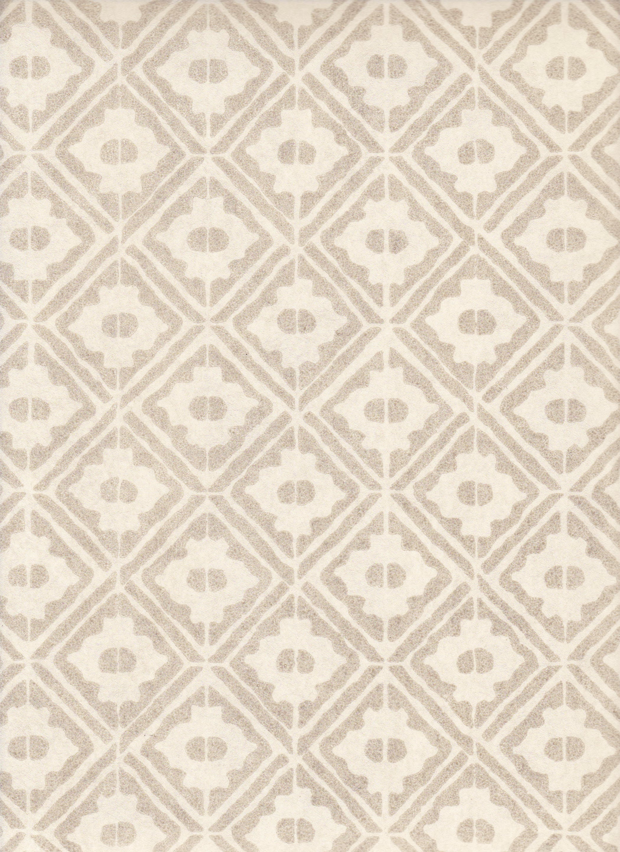 Detail of wallpaper in a geometric lattice print in tan on a cream field.