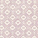 Detail of wallpaper in a geometric lattice print in purple on a cream field.