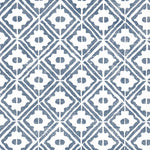 Detail of wallpaper in a geometric lattice print in navy on a white field.