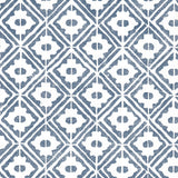 Detail of wallpaper in a geometric lattice print in navy on a white field.