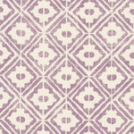 Detail of fabric in a geometric lattice grid in purple on a cream field.