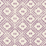 Detail of fabric in a geometric lattice grid in purple on a cream field.