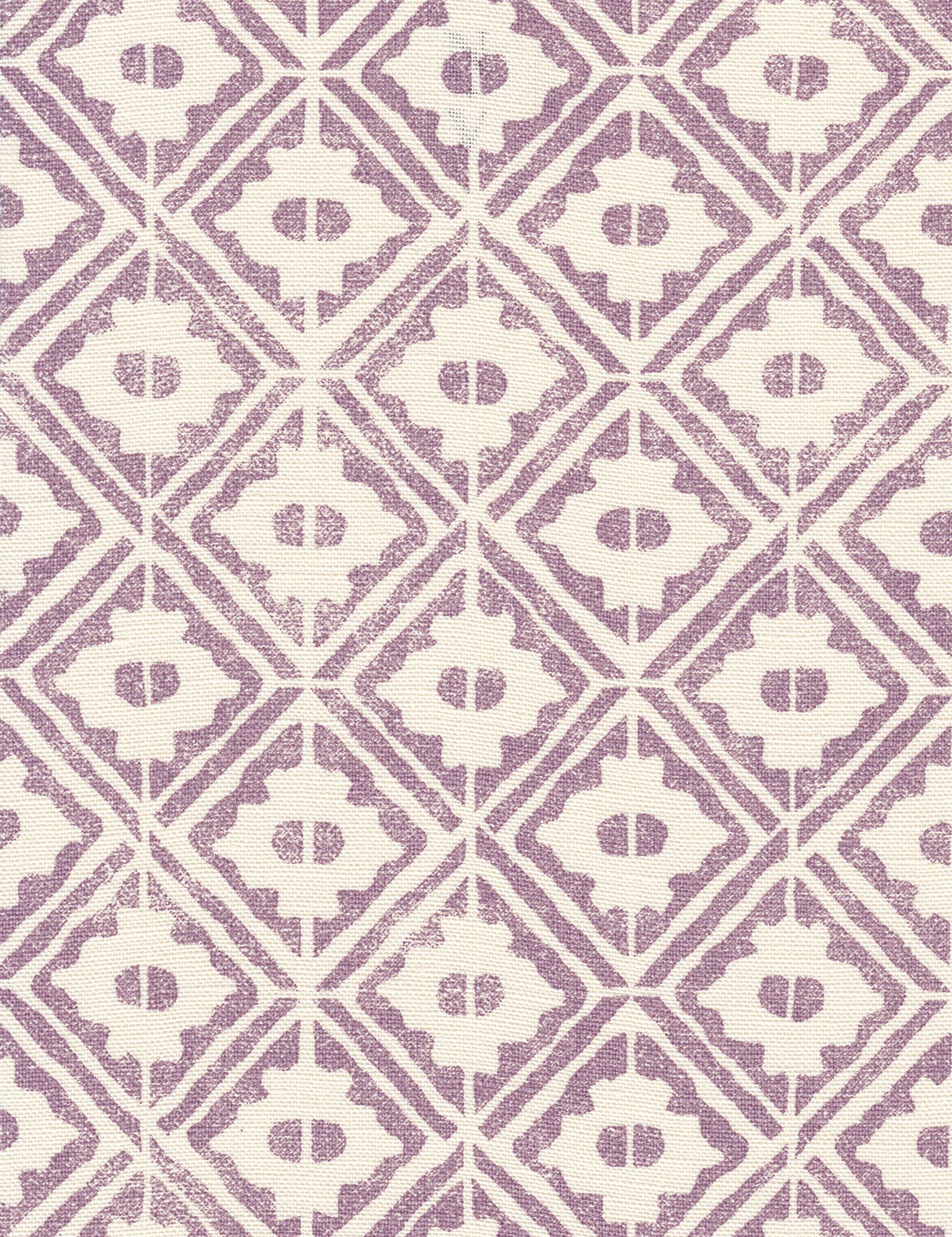 Detail of fabric in a geometric lattice grid in purple on a cream field.