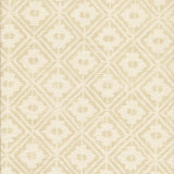 Detail of fabric in a geometric lattice grid in tan on a cream field.