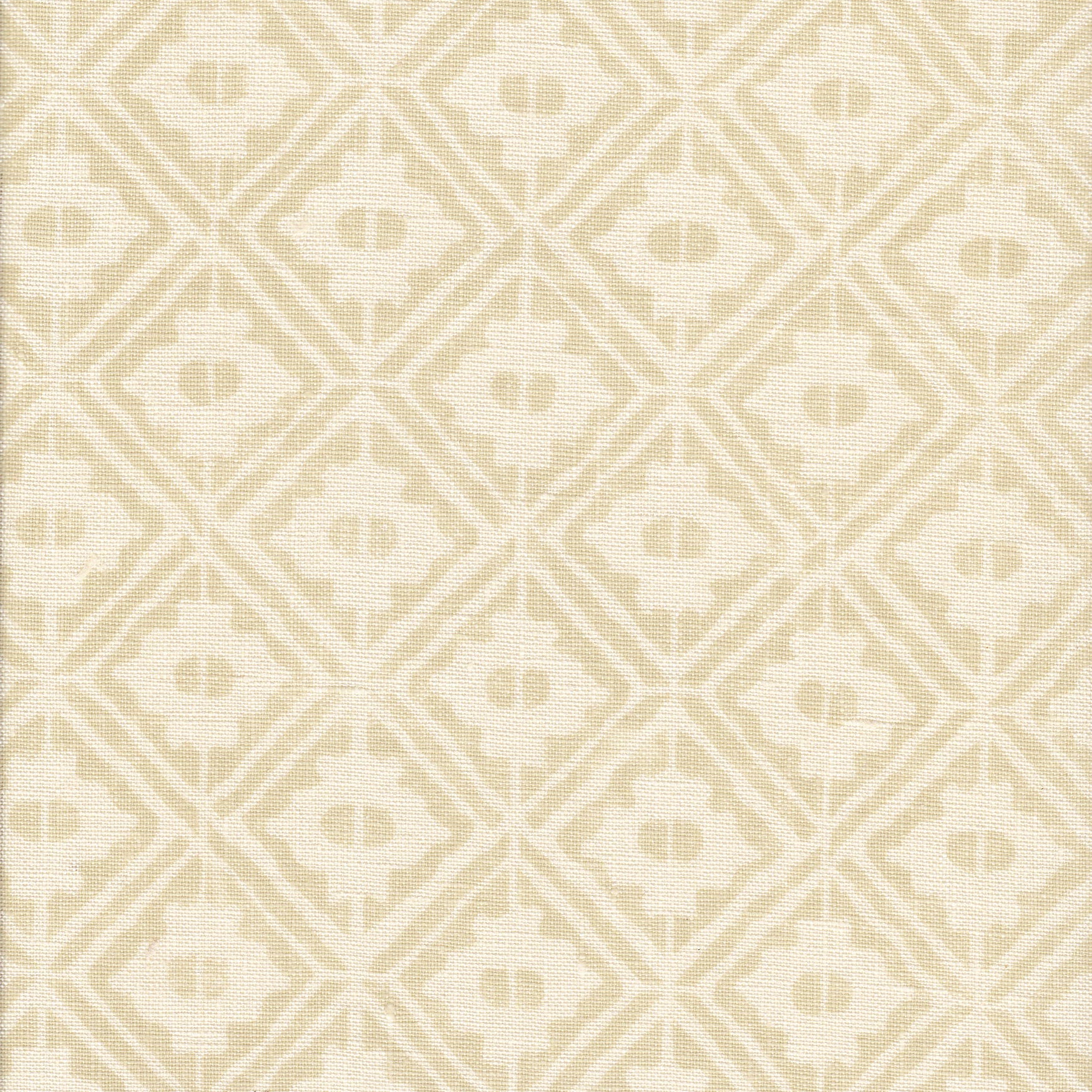 Detail of fabric in a geometric lattice grid in tan on a cream field.